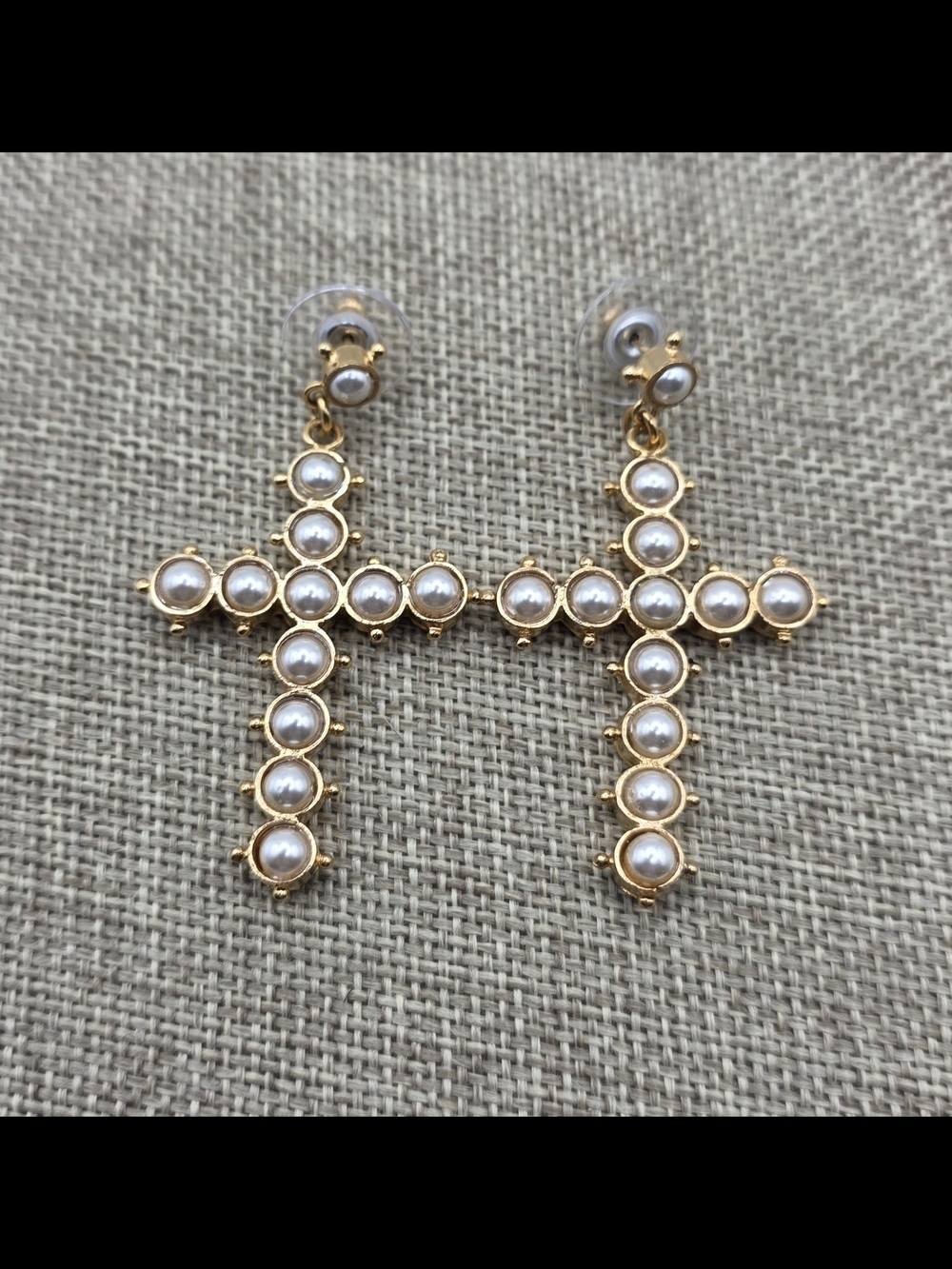 Gold Pearl Cross Drop Earrings for Women